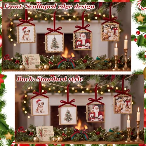 Qunclay 6 Pcs 3.2 x 3.2 Christmas Brass Picture Frame Ornaments Xmas Metal Double Glass Hanging Photo Frame with Burgundy Velvet Ribbon for Christmas Tree Decorations(Gold Burgundy, Scalloped Square) - Image 5
