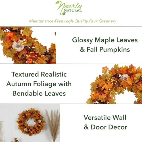 Nearly Natural 30 in Artificial Autumn Pumpkin Maple Leaf Wreath Wall Decor - Image 2