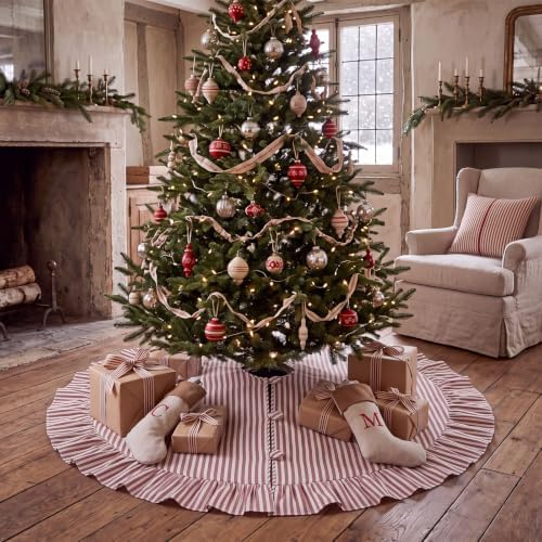 48 Inches Striped Christmas Tree Skirt Vintage Ruffle Decor, Red White - Image 5
