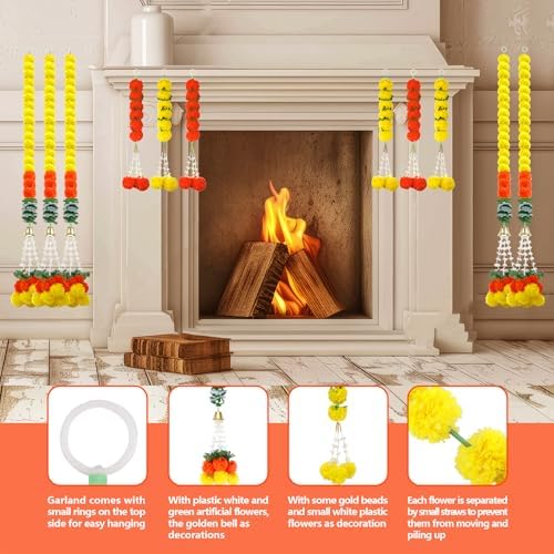 11PCS Diwali Decorations Marigold Garland for Home, Artificial Marigold with Bells and Leaves Long Strands for India Wedding, Pooja Decor, Marigold Flowers for All Year Decoration - Image 3