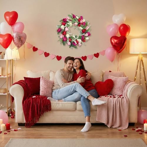 22 Inch Valentine's Day Wreath Artificial Valentines Wreaths for Front Door, Pink Floral Wreath with Green Leaves, Spring Home Decor for Wedding Holiday Window Wall Indoor Outdoor Decorations - Image 5