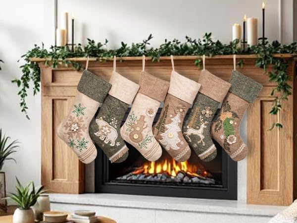 LUBOT 5 Pack Christmas Stockings Set of 5 Large Family Xmas Stocking Woolen Embroidered 20" Modern Rustic Farmhouse Country Rope Fireplace Hanging Holiday Decor - Image 3