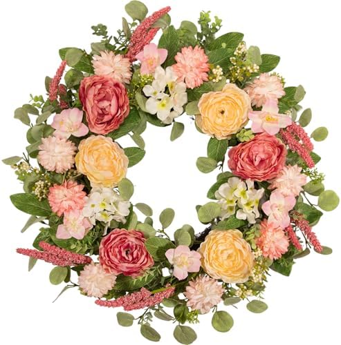 22 Inch Spring Summer Wreath for Front Door, Realistic Silk Peony & Hydrangea Wreath with Yellow Pink Flowers Grain Stems, Artificial Floral Wreath for Indoor Outdoor Porch Wall Farmhouse Decor by wwmira