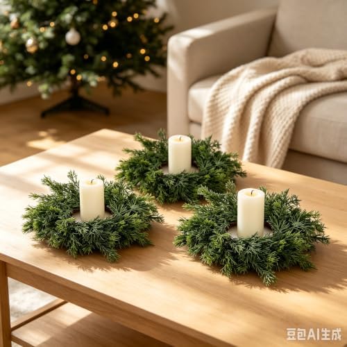 8 PCS Christmas Candle Rings Wreath Artificial Green Norfolk Cedar Mini Candle Ring Holder Small Wreaths for Xmas Cabinets Kitchen Windows Home Wedding Table Centerpiece Door Window Chair Wall - Image 5