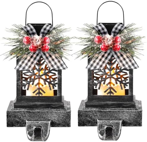 Therwen 2 Pcs Christmas Stocking Holders Lantern, LED, Snowflakes, Black by Therwen