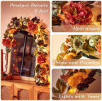 DecorbyHannah 6ft Fall Garland for Mantle with Lights & Pumpkin Hydrangea - Image 5