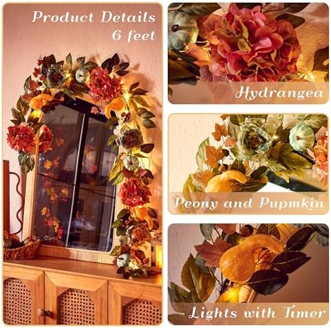 DecorbyHannah 6ft Fall Garland for Mantle with Lights & Pumpkin Hydrangea - Image 5