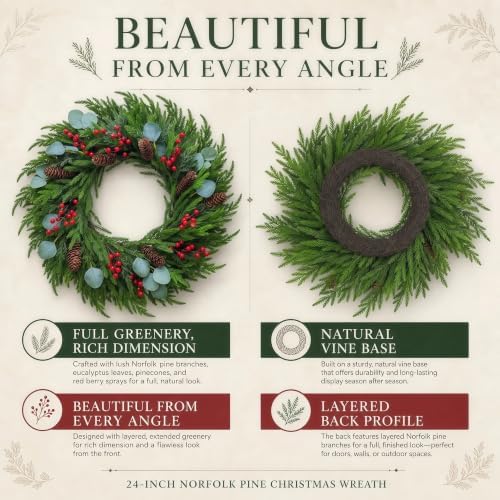 Artificial Norfolk Pine Christmas Wreath 24" Full Design with Door Hanger - Image 3