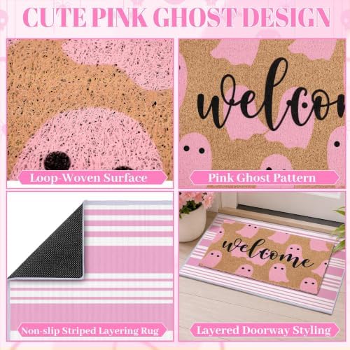 2 Pcs Pink Ghost Halloween Welcome Doormats, 16 x 24 in Welcome Ghost Door Mat and 24 x 32 in Pink White Striped Layering Rug, Cute Fall Porch Decor for Entryway Patio Kitchen Bathroom Floor - Image 3