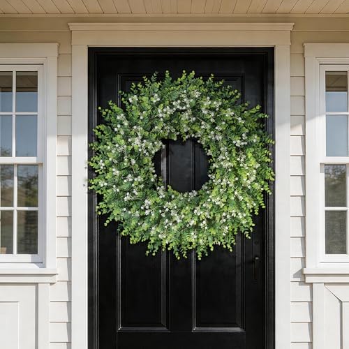 32" Artificial Eucalyptus Wreath with Flowers for Front Door (White-Green) - Image 2