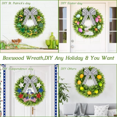 Vlorart 24" Large Boxwood Wreath for Front Door, Artificial Greenery Wreath with Plaid Bow, Full Lush Spring Summer Farmhouse Wall, Window & Wedding Decor - Image 4