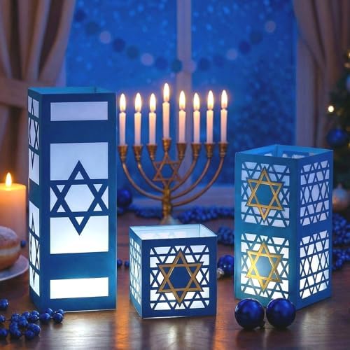 VIHOSE 12 Sets Hanukkah Table Decorations 3 Size Hanukkah Lantern Boxes Centerpieces with LED Candles Dreidel Star David Chanukkah Table Decor for Jewish Judaism Party Decor by VIHOSE