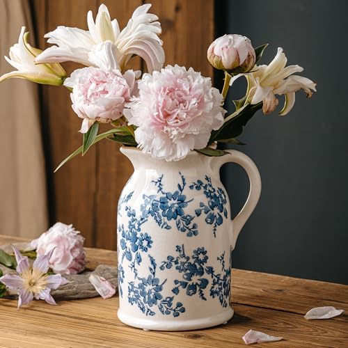 Blue and White Pitcher Vase, 8 Inch Vintage Chinoiserie Ceramic Flower Vase, Rustic Retro Ice Cracked Antique Porcelain Vases for Home Farmhouse Table Centerpieces Shelf Decor by Unknown