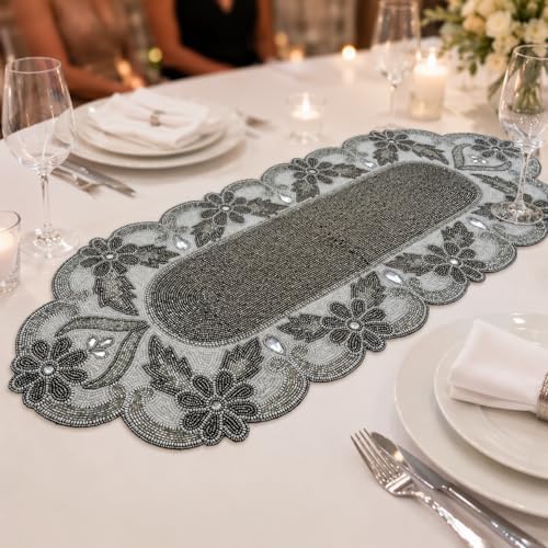Handmade Beaded Table Runner 13 x 36 Inch, Grey Milky Floral Design, Decorative Dining Table Accent - Image 4