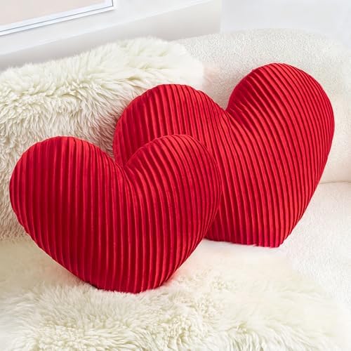 AELS Heart Shaped Pillow, Set of 2, Pleated Velvet Love Pillows, 20 & 16 Inches Decorative Throw Pillows, Valentines Day, Wedding, Living Room, Bedroom, Nursery Decor, Red by AELS