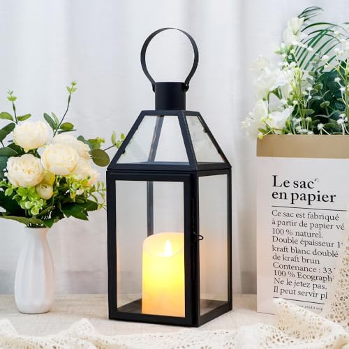JHY DESIGN Black Decorative Lanterns 16“H Decorative Candle Lantern with Tempered Glass for Indoor Outdoor Events Parities and Weddings - Image 2