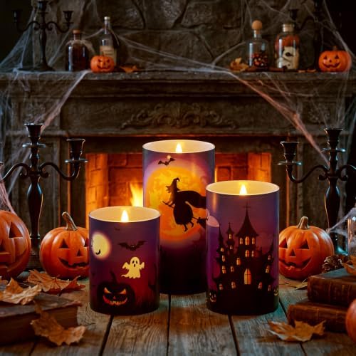 Blosssound 3 Pack Halloween Flameless Candles Black Pumpkin Witch Ghost LED - Image 3