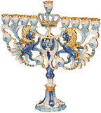Matashi Hand Painted Blue and Ivory Regal Lion Menorah Candelabra - Image 3
