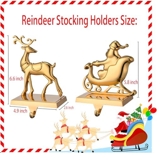 Antique Gold Reindeer & Sleigh Stocking Holder Set for Mantle Set of 4,Deer Stocking Hangers for Firepiece,Christmas Decorations Mantel Hanger for Stocking/Garland (Retro Gold) - Image 2
