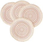 Fennco Styles Boho Geometric Fringe Decorative Cotton Placemats 13-inch Round, Set of 4 - Pink Heat Resistant Insulation Table Mats for Home Decor, Dining Table, Banquets and Special Events by FenncoStyles