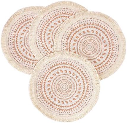 Fennco Styles Boho Geometric Fringe Decorative Cotton Placemats 13-inch Round, Set of 4 - Pink Heat Resistant Insulation Table Mats for Home Decor, Dining Table, Banquets and Special Events by FenncoStyles