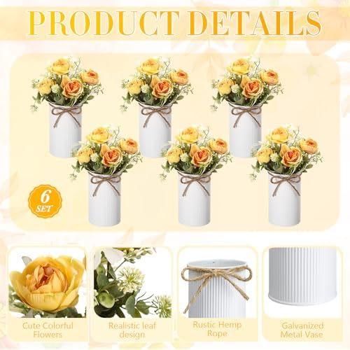 Domensi 6 Sets Wedding Centerpiece for Table Decoration Yellow Artificial Fake Rose Flower with Metal Vase Faux Silk Rose Bouquet Floral Arrangement for Bridal Shower Home Dining - Image 4