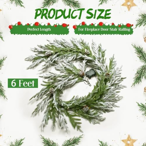 YoleShy 6FT Real Touch Norfolk Pine Garland Christmas Garland with Pinecone and White Snow Battery Operated Prelit Garland Christmas Decorations for Mantle Fireplace Xmas Home Decor - Image 2
