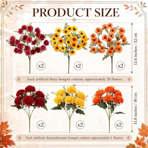 Yinder 12 Bundles Fall Artificial Flowers Bouquet 6 Silk Chrysanthemum and 6 Faux Chamomile Flowers Orange Yellow Burgundy Autumn Floral Arrangement for Vase Thanksgiving Table Centerpieces Home Decor - Image 2