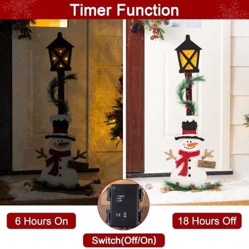 Glitzhome 36.75" H Lighted Christmas Snowman Porch Sign,Whimsical Wooden Porch Decor with Illuminated Street Lamp & Timer,Merry Christmas Sign for Holiday Front Porch Outdoor Decorations - Image 3