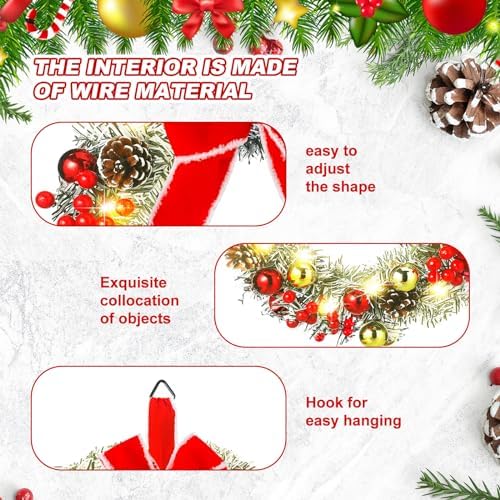 Ceenna 4 Pcs Pre-lit Artificial Christmas Wreaths 14 Inch Timer Lighted Christmas Wreaths with Bow Red Berries Pinecone Pine Needles 8 Model LED Light Xmas Wreath for Front Door Window Wall Holiday - Image 3