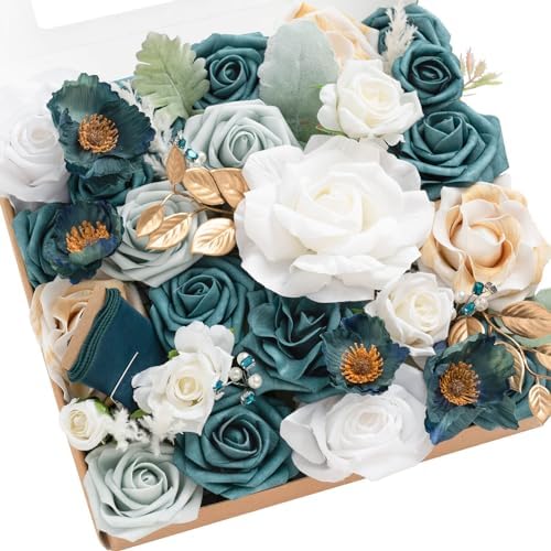 Ling's moment Artificial Wedding Flowers Combo, White & Teal, Grand by LingsMoment