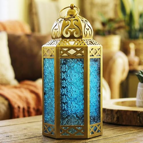 VELA LANTERNS 6-Pack Gold Metal Moroccan Decorative Candle Lantern Holder for Hanging or Table Centerpieces, Exotic Indoor Home Decor, Outdoor Patio or Porch, Weddings, Ramadan, Blue Glass, Large - Image 2