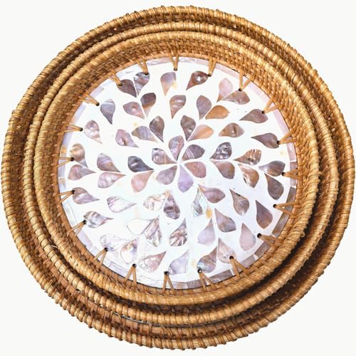 i-lan 3-Piece Round Rattan Serving Trays with Mother of Pearl Inlay – Handwoven Decorative Platters for Coffee Table, Vanity, Kitchen & Home Décor, Set by ilan