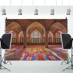 Leowefowa Moroccan Photo Backdrop 18x7ft Vinyl Vintage Medieval Palace Backdrop Pink Mosque Great Hall Columns with Arches Arabian Background for Birthday Party Decor Wedding Decor - Image 2