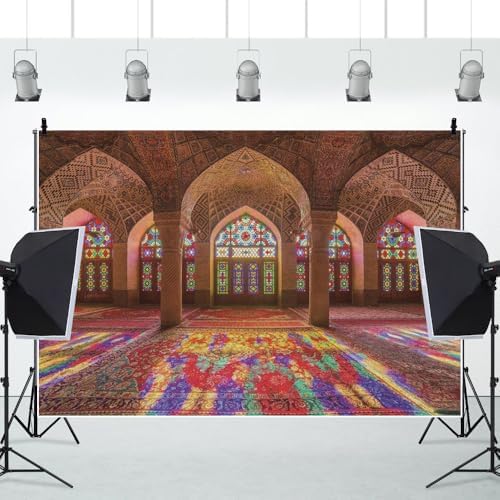 Leowefowa Moroccan Photo Backdrop 18x7ft Vinyl Vintage Medieval Palace Backdrop Pink Mosque Great Hall Columns with Arches Arabian Background for Birthday Party Decor Wedding Decor - Image 2