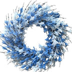 22inch Artificial Forsythia Flower Wreath Spring Summer Fall Wreath Silk Leaves for Front Door Porch Farmhouse Patio Garden Home Decor (Blue) by Bibelot