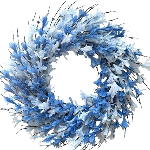 22inch Artificial Forsythia Flower Wreath Spring Summer Fall Wreath Silk Leaves for Front Door Porch Farmhouse Patio Garden Home Decor (Blue) by Bibelot