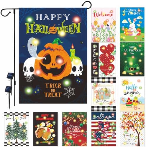 12 Pcs Double Sided Solar LED Seasonal Garden Flags - 12x18 Inch Waterproof Burlap Yard Flags for Patio Lawn Yard Porch Decor (Color 1) by TTXXLL