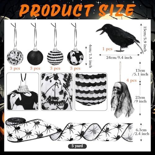Halfchet 43 Pcs Halloween Hanging Tree Ornaments Decorations Skeleton Skull Ghost Realistic Crow Ball Hanging Ribbon Spider for Halloween Party - Image 3
