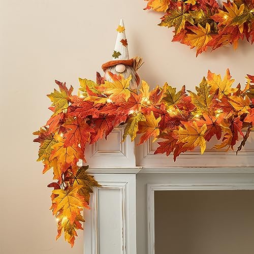 Glitzhome 2Pcs Fall Maple Leaves Garland with Lights，Fall Thanksgiving Decorations Garland with Timer for Home Porch Front Door Table Mantle Outdoor Autumn Harvest Halloween Decor, 6Ft 20LED - Image 7