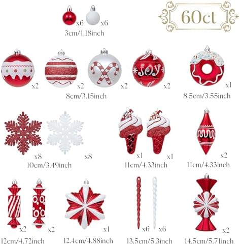Valery Madelyn Christmas Ball Ornaments, 60ct Candy Cane Red and White Shatterproof Christmas Tree Decorations Set, Variety Decorative Hanging Ornaments for Xmas Trees Bulk Holiday Party Decor - Image 3