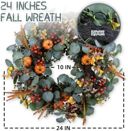 24" Eucalyptus Fall Wreath with Pumpkin Foliage for Farmhouse Autumn Door - Image 2