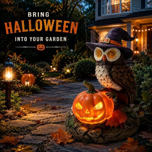 Solar Halloween Owl Figurine Light, Lighted Resin Owl Statue with Pumpkin, Outdoor Garden Decor for Porch, Yard and Patio, Seasonal Landscape Decoration - Image 2