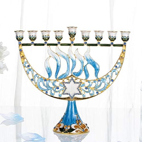 Hand Painted Blue Enamel Menorah Candelabra with a Star of David and - Image 5