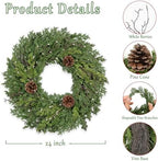 24 Inch Real Touch Lush Christmas Wreaths for Front Door with White Berries/Pine Cone Outdoor Christmas Decorations Winter Wreath Cypress Wreath for Windows Indoor Outside Xmas Home Decor Holiday - Image 3