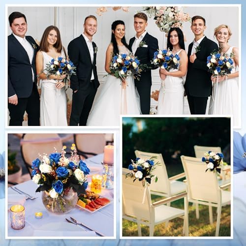 Hotop 12 Pcs Artificial Flowers Centerpiece for Tables 13 in, Dark Blue - Image 5