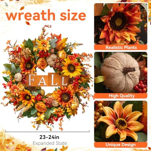 24 Inch Fall Wreaths for Front Door Autumn Wreath with Fall Sign - Image 3