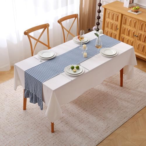 Navy Blue White Plaid Gingham Ruffle Table Runner Cabinet Cover 13"x108" - Image 2