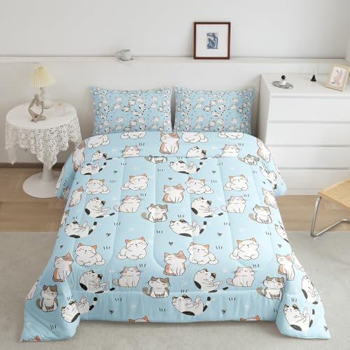 Erosebridal Cat Duvet Insert King, Kawaii Garfield Cat Bedding Set for Kids Boys Girls, Paw Print Love Heart Comforter Set, Cartoon Animals Soft Quilt 3 Pieces, Blue - Image 2