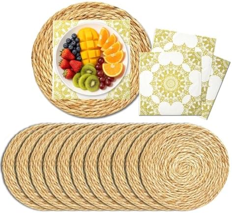 12 Pack Round Woven Placemats Set with 20 Napkins,12 Inch Natural Water Hyacinth Wicker Rattan Jute Straw Table Mats,Boho Decor Farmhouse Charger Plates for Dining Table, Kitchen & Holiday Dining by AUITRONCARE